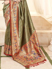 Beautiful Olive Green Handloom Weaving Silk Mehendi Wear Saree
