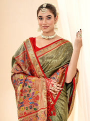 Beautiful Olive Green Handloom Weaving Silk Mehendi Wear Saree