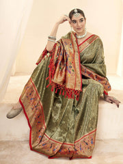 Beautiful Olive Green Handloom Weaving Silk Mehendi Wear Saree