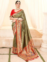 Beautiful Olive Green Handloom Weaving Silk Mehendi Wear Saree