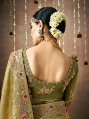 Beautiful Olive Green Heavy Border Work Silk Mehendi Wear Saree