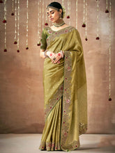 Beautiful Olive Green Heavy Border Work Silk Mehendi Wear Saree