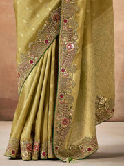 Beautiful Olive Green Heavy Border Work Silk Mehendi Wear Saree