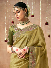 Beautiful Olive Green Heavy Border Work Silk Mehendi Wear Saree