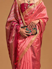 Bewitching Coral Red Weaving Silk Event Wear Saree With Blouse