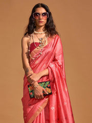 Bewitching Coral Red Weaving Silk Event Wear Saree With Blouse