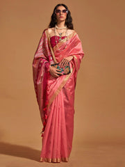 Bewitching Coral Red Weaving Silk Event Wear Saree With Blouse