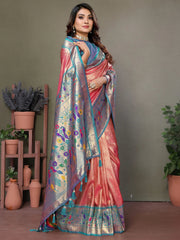 Bewitching Coral Red Zari Weaving Banarasi Silk Traditional Wear Saree