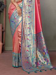 Bewitching Coral Red Zari Weaving Banarasi Silk Traditional Wear Saree