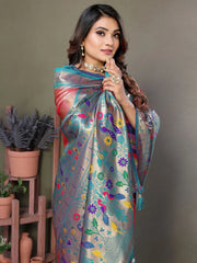 Bewitching Coral Red Zari Weaving Banarasi Silk Traditional Wear Saree