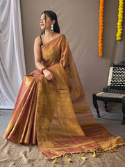 Bewitching Golden Zari Weaving Tissue Silk Festive Wear Saree