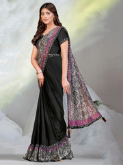 Captivating Black Sequins Satin Pre-Stitched Saree With Blouse