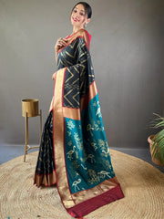 Captivating Black Zari Weaving Silk Event Wear Saree With Blouse