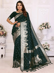 Captivating Bottle Green Zari Weaving Kochi Silk Mehendi Wear Saree With Blouse