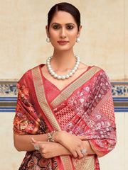 Captivating Coral-Red Digital Printed Silk Saree With Blouse