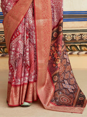 Captivating Coral-Red Digital Printed Silk Saree With Blouse