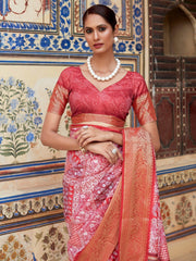 Captivating Coral-Red Digital Printed Silk Saree With Blouse