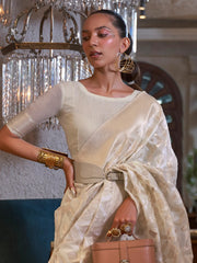 Charming Off-White Zari Weaving Linen Traditional Saree With Blouse