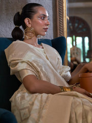 Charming Off-White Zari Weaving Linen Traditional Saree With Blouse