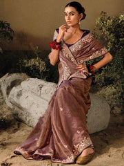 Enticing Brown Embroidered Silk Party Wear Saree With Blouse