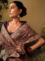 Enticing Brown Embroidered Silk Party Wear Saree With Blouse