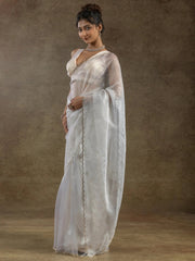 Fabulous White Zari Weaving Organza Pre-Stitched Saree With Blouse