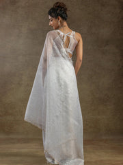 Fabulous White Zari Weaving Organza Pre-Stitched Saree With Blouse