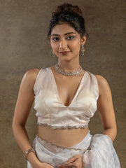 Fabulous White Zari Weaving Organza Pre-Stitched Saree With Blouse