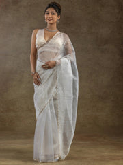 Fabulous White Zari Weaving Organza Pre-Stitched Saree With Blouse