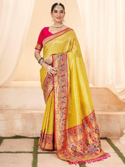 Fabulous Yellow Handloom Weaving Silk Haldi Wear Saree With Blouse