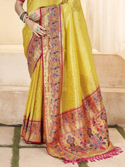 Fabulous Yellow Handloom Weaving Silk Haldi Wear Saree With Blouse
