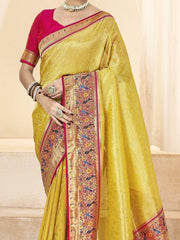 Fabulous Yellow Handloom Weaving Silk Haldi Wear Saree With Blouse