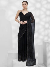Fancified Black Swarovski Work Chiffon Designer Saree With Blouse