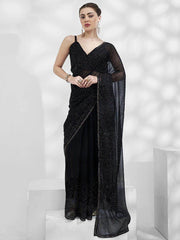 Fancified Black Swarovski Work Chiffon Designer Saree With Blouse