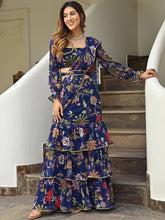 Fancified Navy Blue Floral Printed Georgette Ready To Wear Ruffle Saree