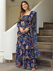 Fancified Navy Blue Floral Printed Georgette Ready To Wear Ruffle Saree