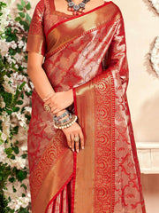 Fascinating Red Zari Weaving Silk Traditional Saree With Blouse