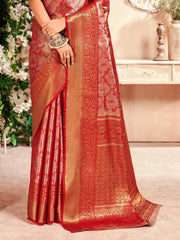Fascinating Red Zari Weaving Silk Traditional Saree With Blouse