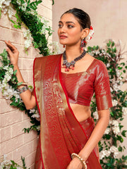 Fascinating Red Zari Weaving Silk Traditional Saree With Blouse