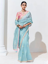 Fascinating Sky-Blue Embroidered Organza Saree With Blouse