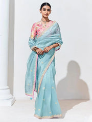 Fascinating Sky-Blue Embroidered Organza Saree With Blouse