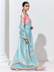 Fascinating Sky-Blue Embroidered Organza Saree With Blouse