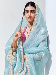 Fascinating Sky-Blue Embroidered Organza Saree With Blouse