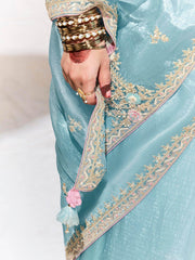Fascinating Sky-Blue Embroidered Organza Saree With Blouse