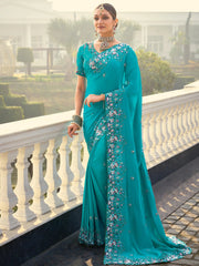 Fascinating Sky Blue Heavy Border Work Crape Silk Traditional Saree