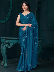 Fascinating Teal Blue Crepe Silk Party Wear Saree With Blouse