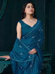 Fascinating Teal Blue Crepe Silk Party Wear Saree With Blouse