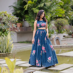Navy Blue Sleeveless Floral Crop Top & Lehenga Set