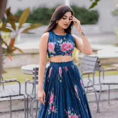 Navy Blue Sleeveless Floral Crop Top & Lehenga Set