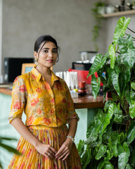 Mustard Yellow Hand-Painted Floral Shirt & Lehenga Set